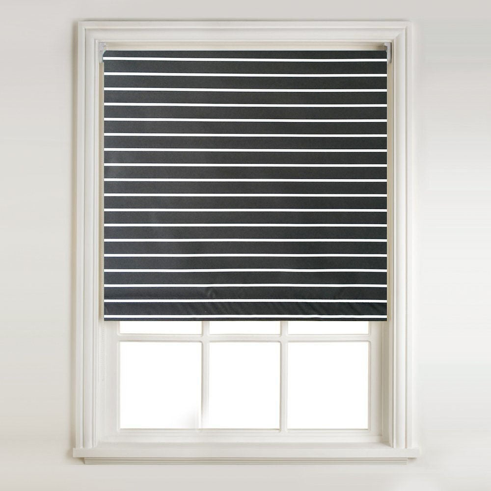 Black / White Stripe Thermal Blackout Roller Blind & Metal Bracket Fittings