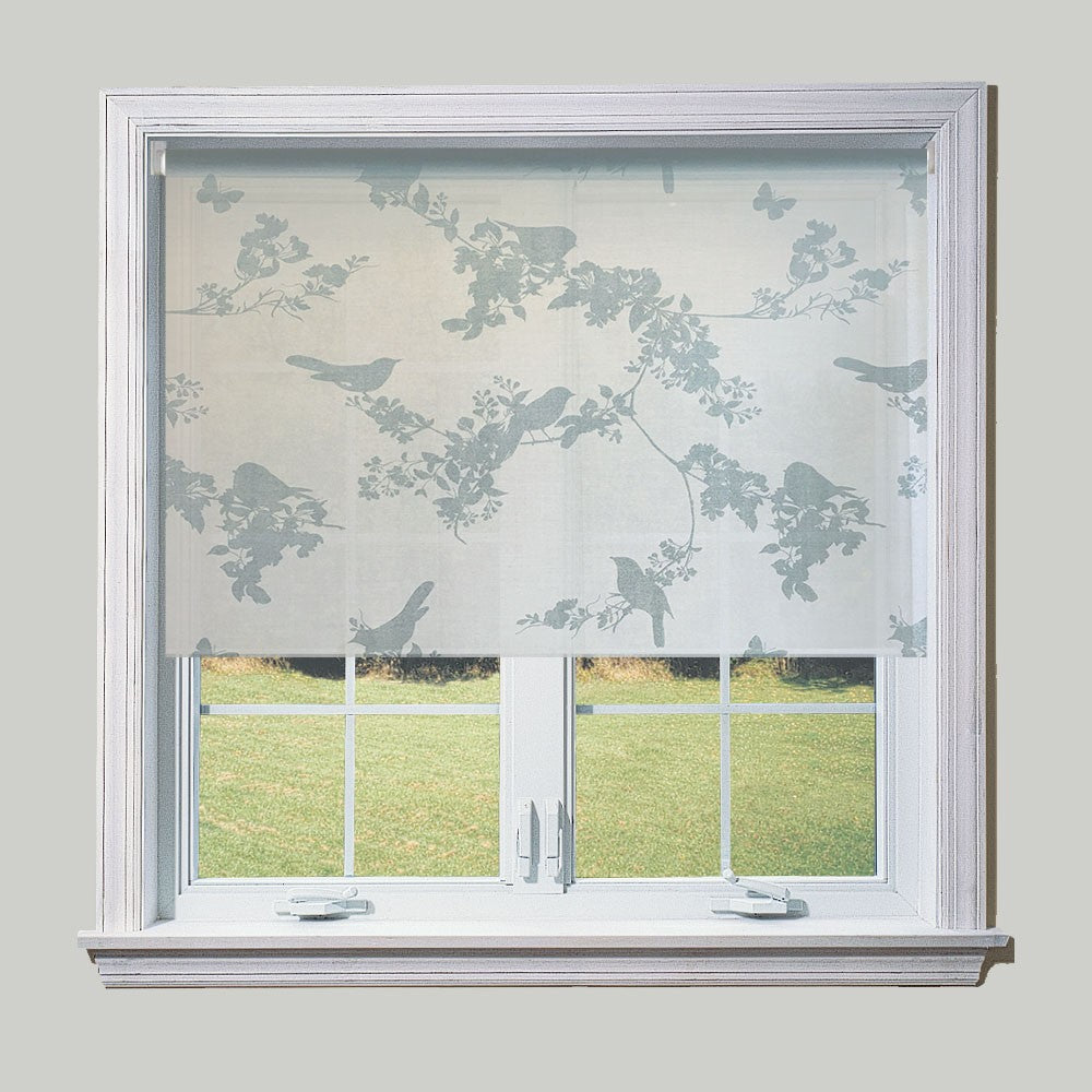 Duck Egg Blue Birds Sheer Roller Blind & Metal Bracket Fittings