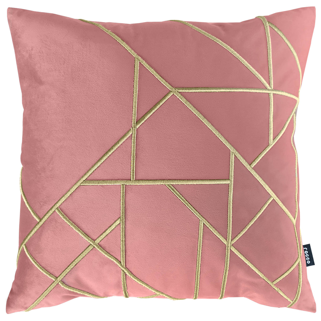Linear Embroidered Velvet Cushion Blush