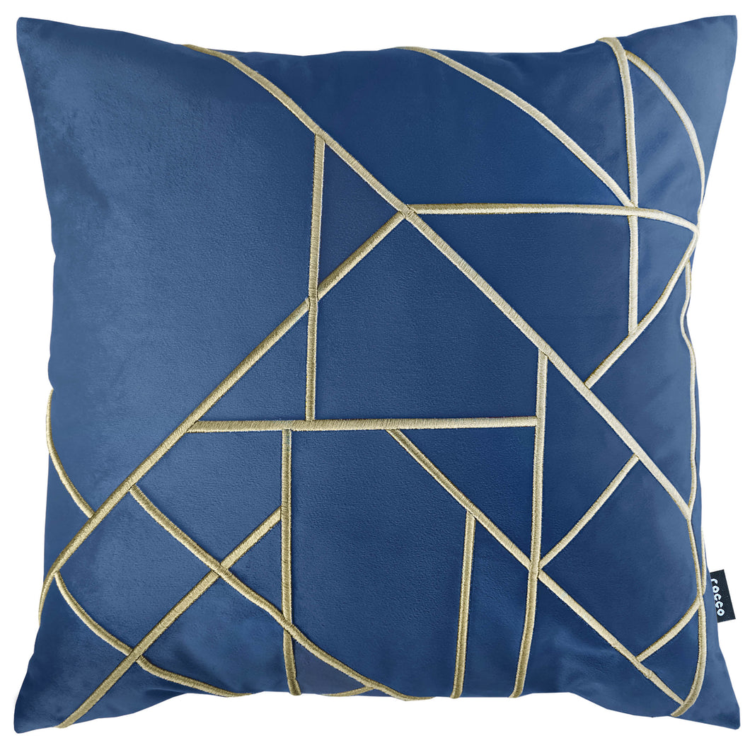 Linear Embroidered Velvet Cushion Navy